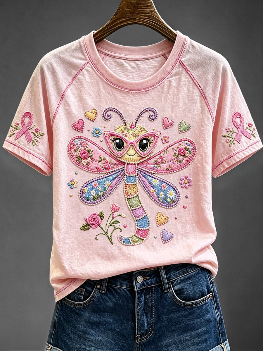 Damen-Libelle-Rundhals-T-Shirt mit rosa Blumen druck