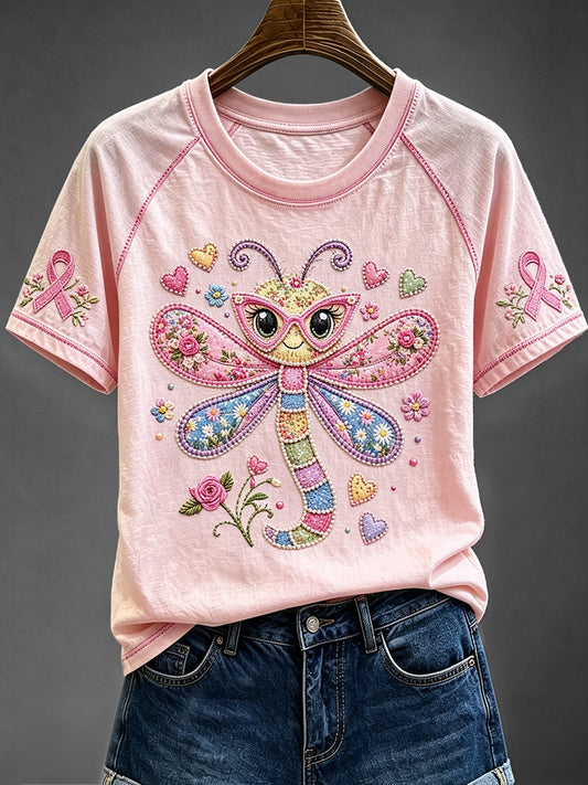 Damen-Libelle-Rundhals-T-Shirt mit rosa Blumen druck