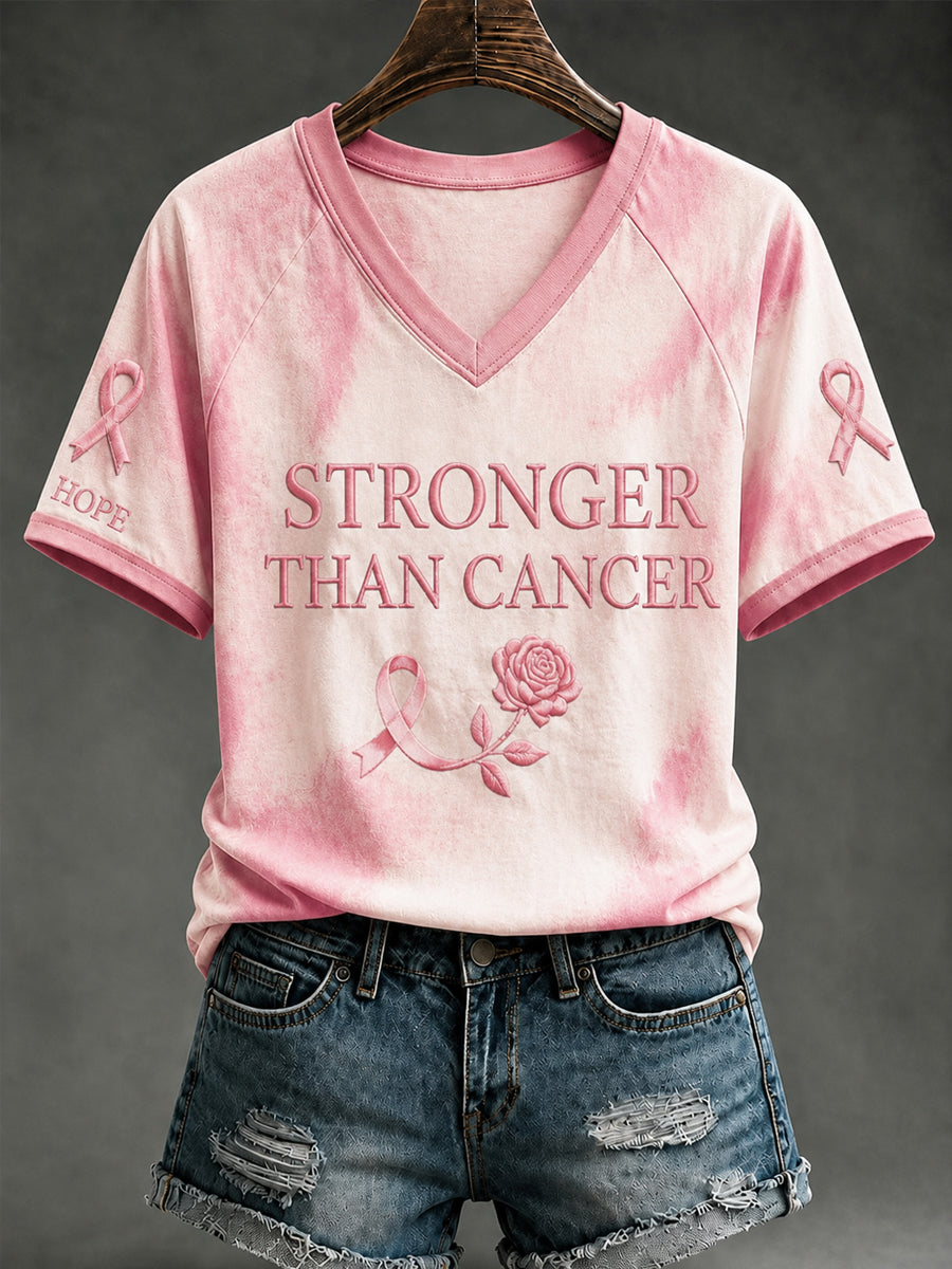 Damen-T-Shirt mit V-Ausschnitt und schulterfreiem Design sowie kurzen Ärmeln zur Unterstützung der Brustkrebsaufklärung