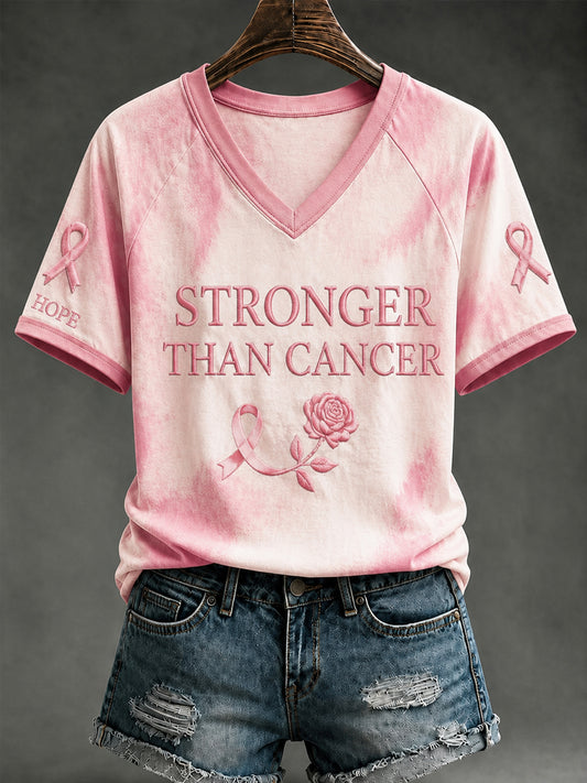 Damen-T-Shirt mit V-Ausschnitt und schulterfreiem Design sowie kurzen Ärmeln zur Unterstützung der Brustkrebsaufklärung