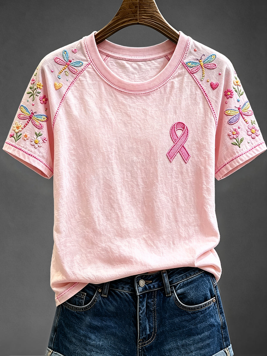 Damen-T-Shirt mit Libellen- und Blumenmuster in Pink, Aufdruck zum Thema Bewusstsein, Rundhalsausschnitt und kurze Ärmel