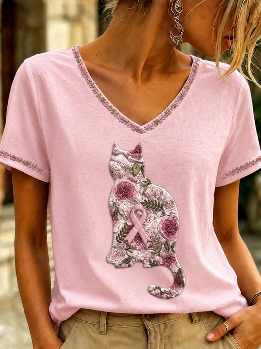 Damen-T-Shirt mit V-Ausschnitt und pinkfarbenem Kunstdruck zum Thema Brustkrebs