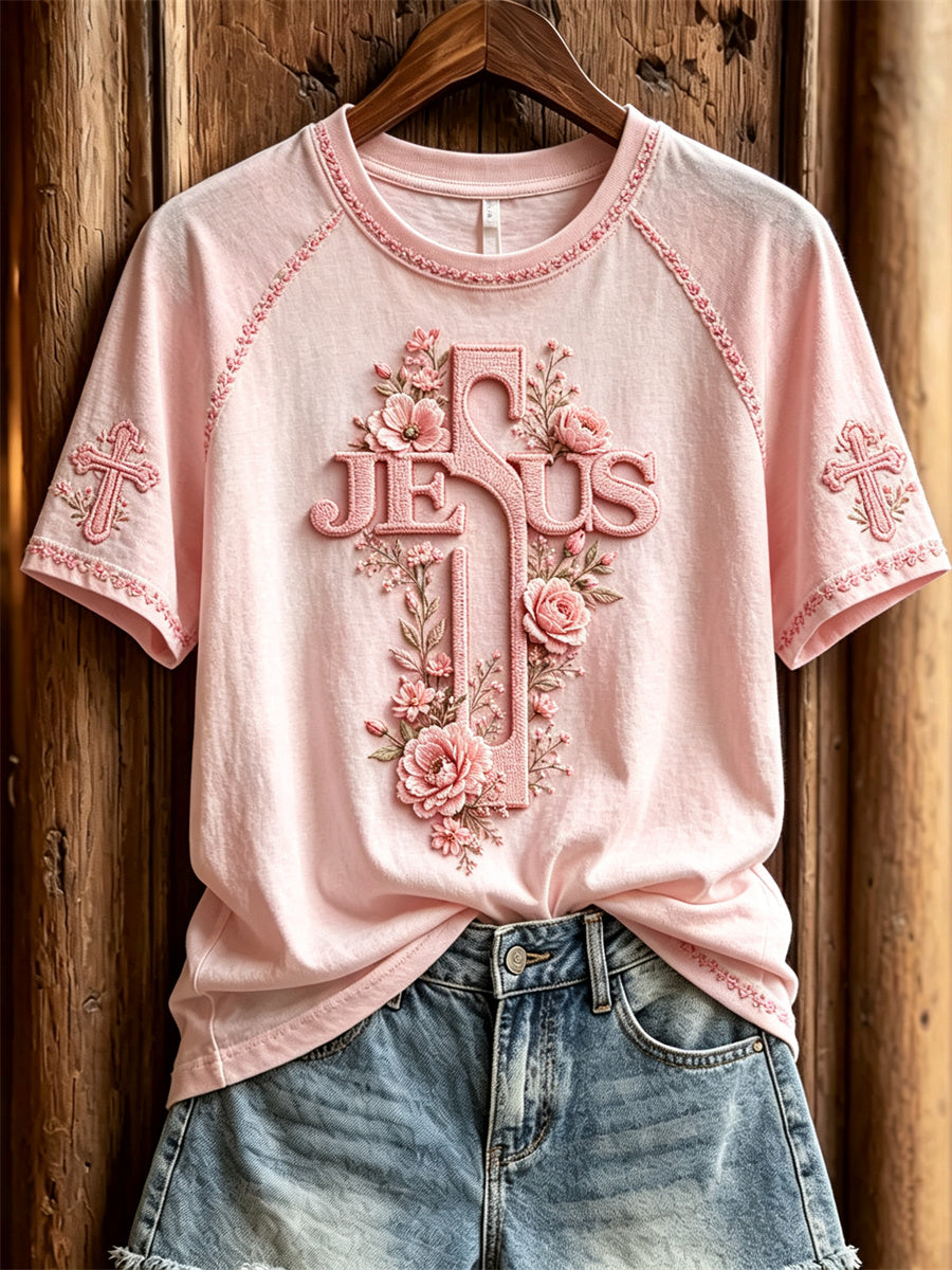Damen Jesus Kreuz Rosa Blumen druck Kurzarm T-Shirt