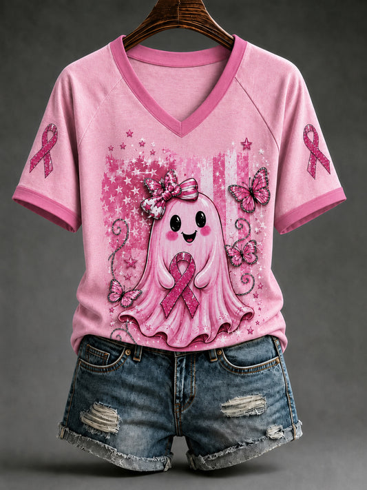 Damen-T-Shirt mit V-Ausschnitt und schulterfreiem Design sowie kurzen Ärmeln zur Unterstützung der Brustkrebsaufklärung