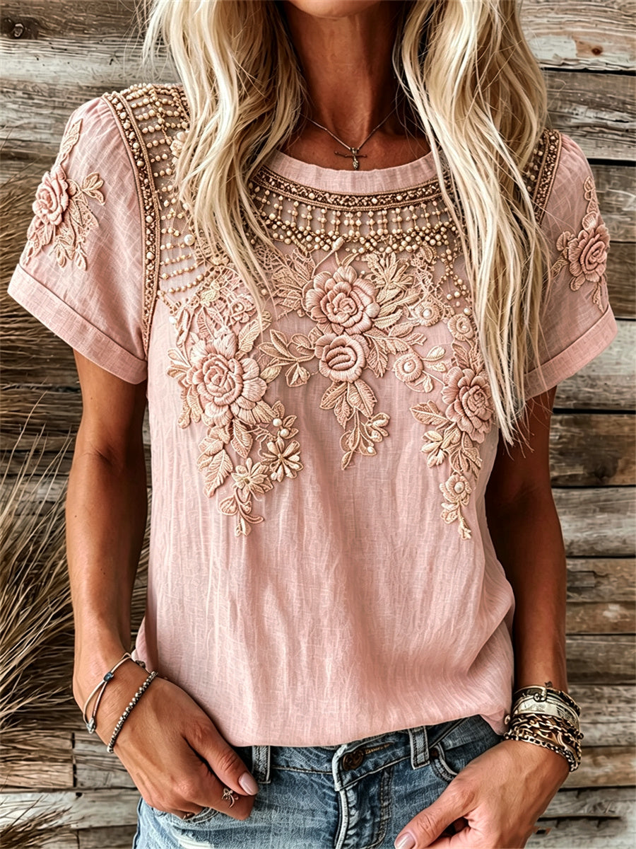 Damen-Vintage-T-Shirt aus Leinen mit rosa Blumen‑ und Spitzen‑Kunstdruck, kurzärmelig