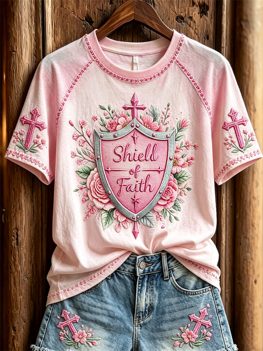 Frauen Schild des Glaubens Rosa Blumen-und Kreuz druck Kurzarm-T-Shirt