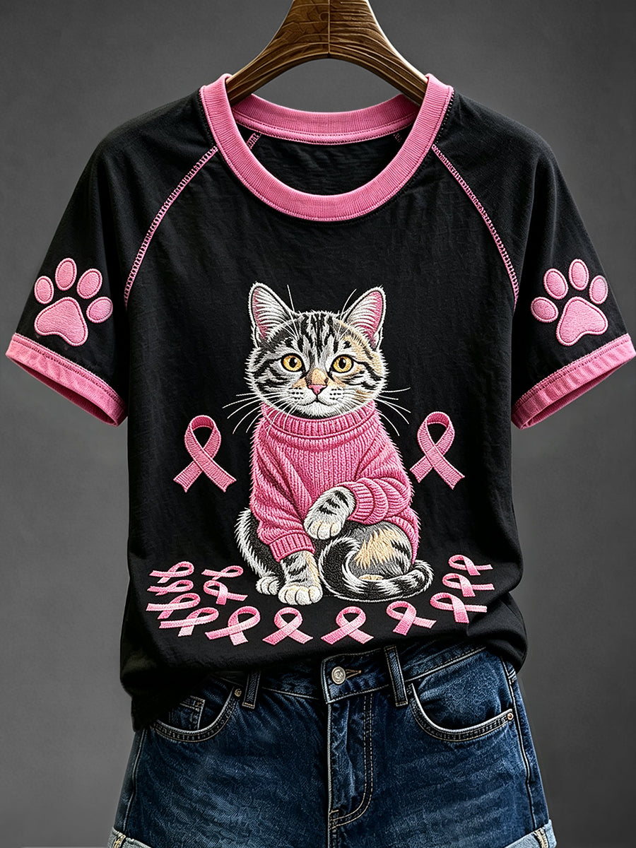 Frauen niedliche Katze Brustkrebs Bewusstsein Lustiges Rundhals kurzärmliges T-Shirt