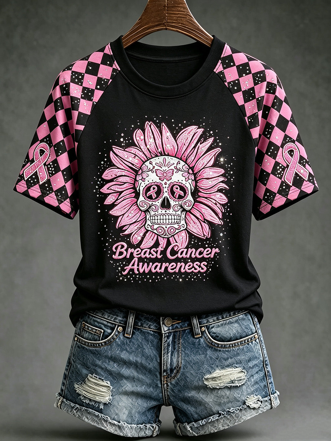 Frauen-T-Shirt mit Aufdruck zum Thema Brustkrebsbewusstsein, lässig, kurzärmelig