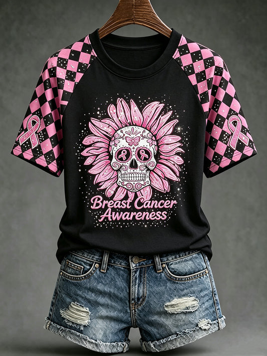 Frauen-T-Shirt mit Aufdruck zum Thema Brustkrebsbewusstsein, lässig, kurzärmelig