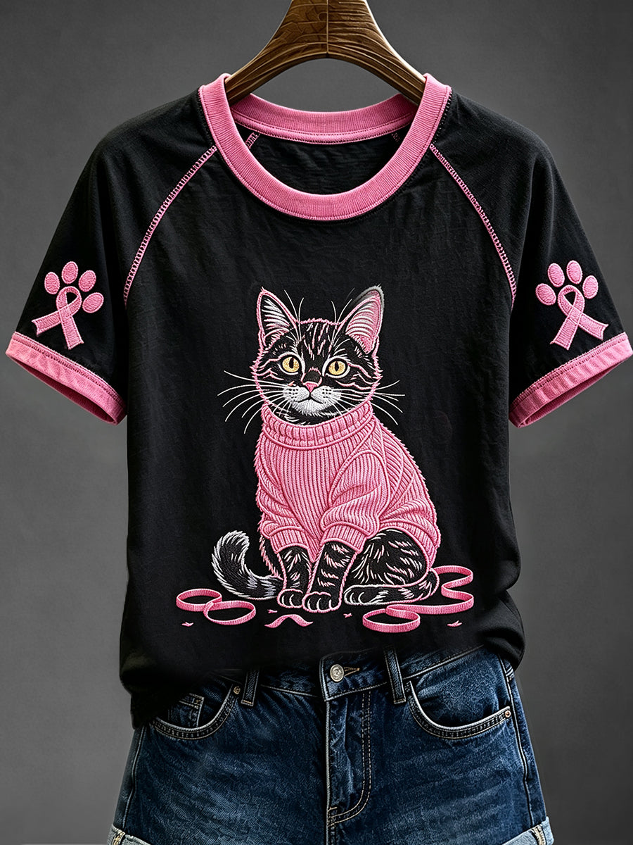 Damen-T-Shirt mit süßem Katzenmotiv, Brustkrebsbewusstsein, witzig, Rundhalsausschnitt, Kurzarm