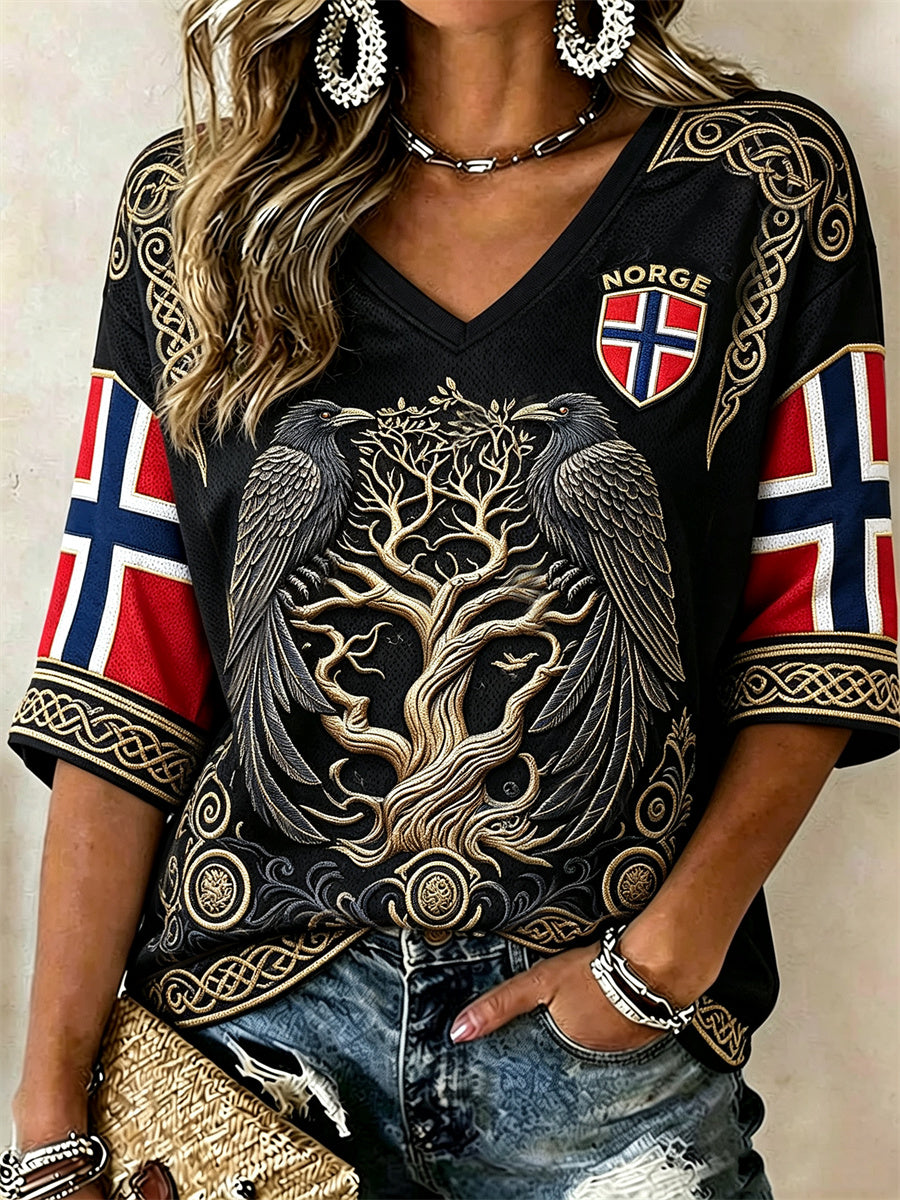 Frauen Norwegen Wikinger Raben Baum des Lebens Keltische Knoten Flagge Druck Mittellange Ärmel V-Ausschnitt T-Shirt