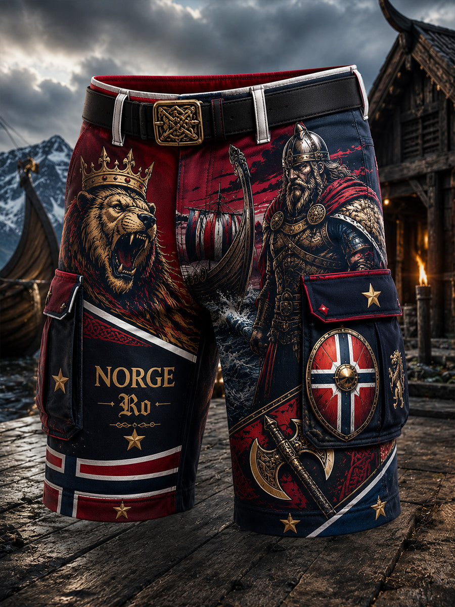 Herren-Shorts mit patriotischem Kunstdruck im norwegisch-vikingischen Stil