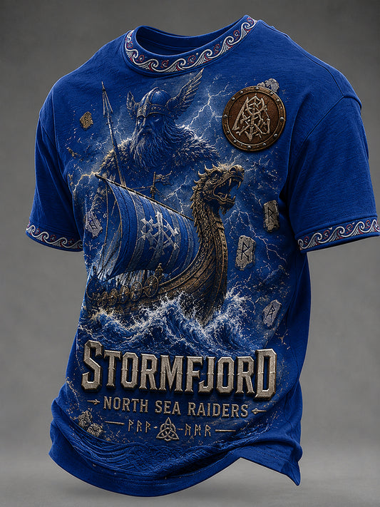 Lässiges T-Shirt im Vintage-Stil mit Wikinger-/Nordik-Art-Print