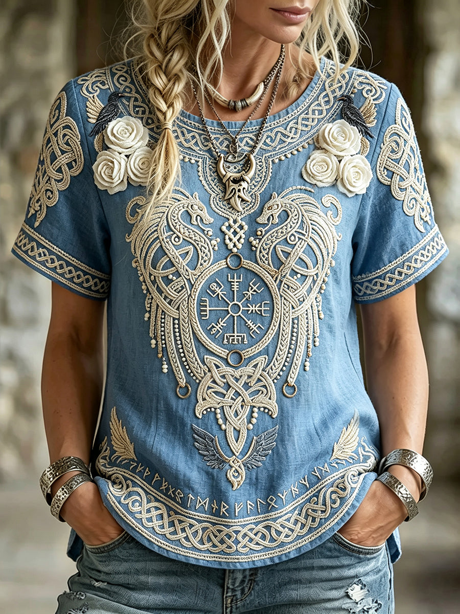 Damen-elegantes Wikinger-Kompass-T-Shirt aus Leinen mit Vegvisir- und Blumenmuster, kurzärmelig