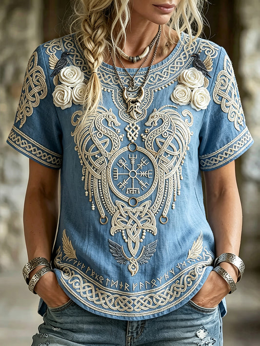 Damen-elegantes Wikinger-Kompass-T-Shirt aus Leinen mit Vegvisir- und Blumenmuster, kurzärmelig