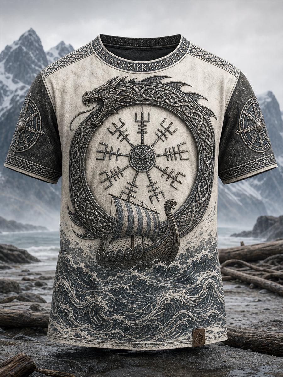 Lässiges T-Shirt im Vintage-Stil mit Wikinger-/Nordik-Art-Print