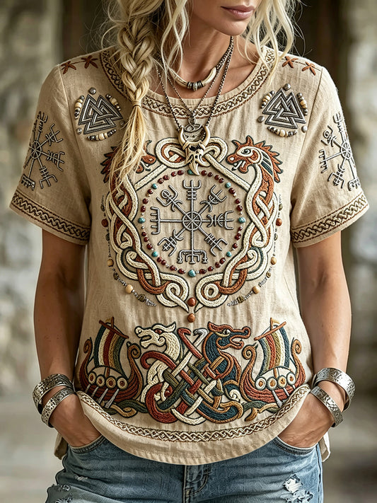 Damen Retro Viking Compass Vegvisir Kunstdruck Leinen Kurzarm T-Shirt