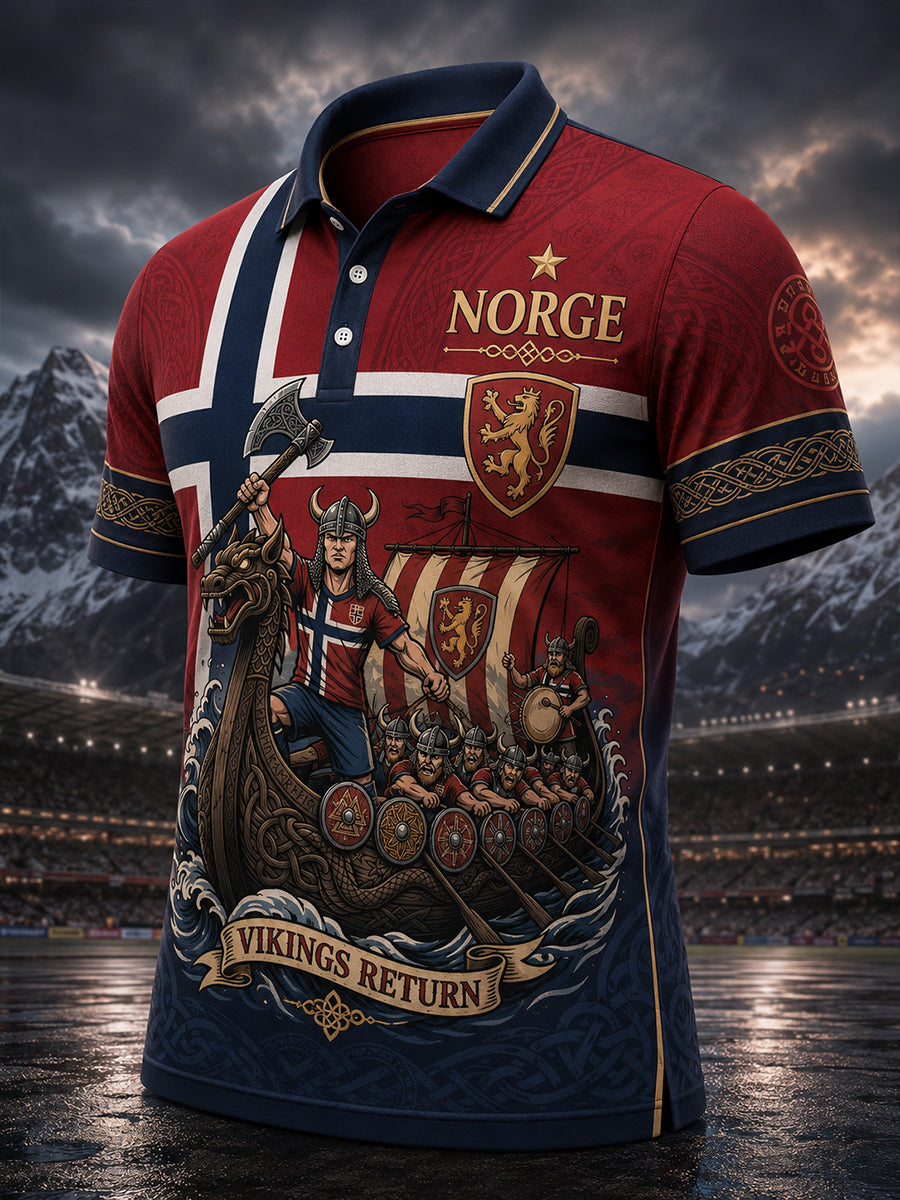 Herren norwegisches Viking-Themed-Polo-Shirt mit patriotischem Kunstdruck