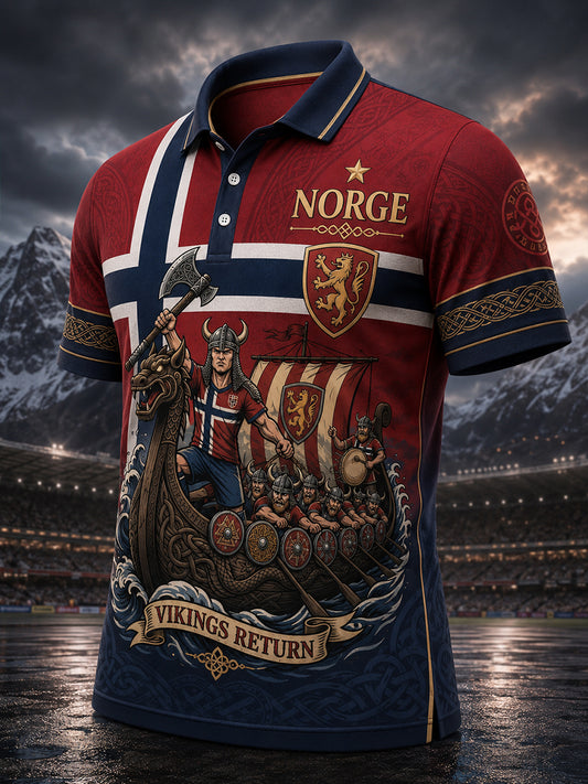 Herren norwegisches Viking-Themed-Polo-Shirt mit patriotischem Kunstdruck