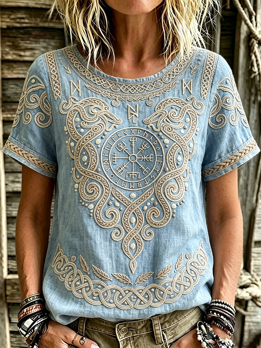 Damen Vintage Viking Compass Vegvisir Kunstdruck Leinen Kurzarm T-Shirt