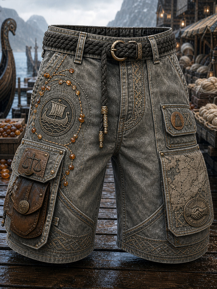 Casual Cargo-Hosen im Vintage-Stil mit Viking/nordischer Kunstdruck