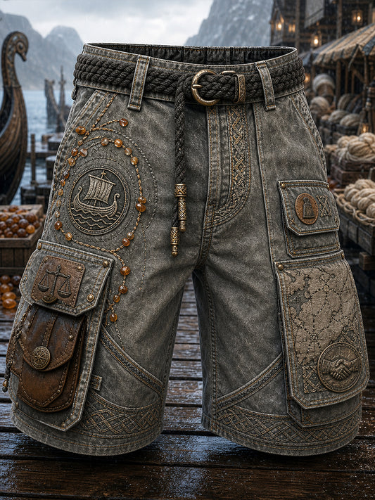 Casual Cargo-Hosen im Vintage-Stil mit Viking/nordischer Kunstdruck
