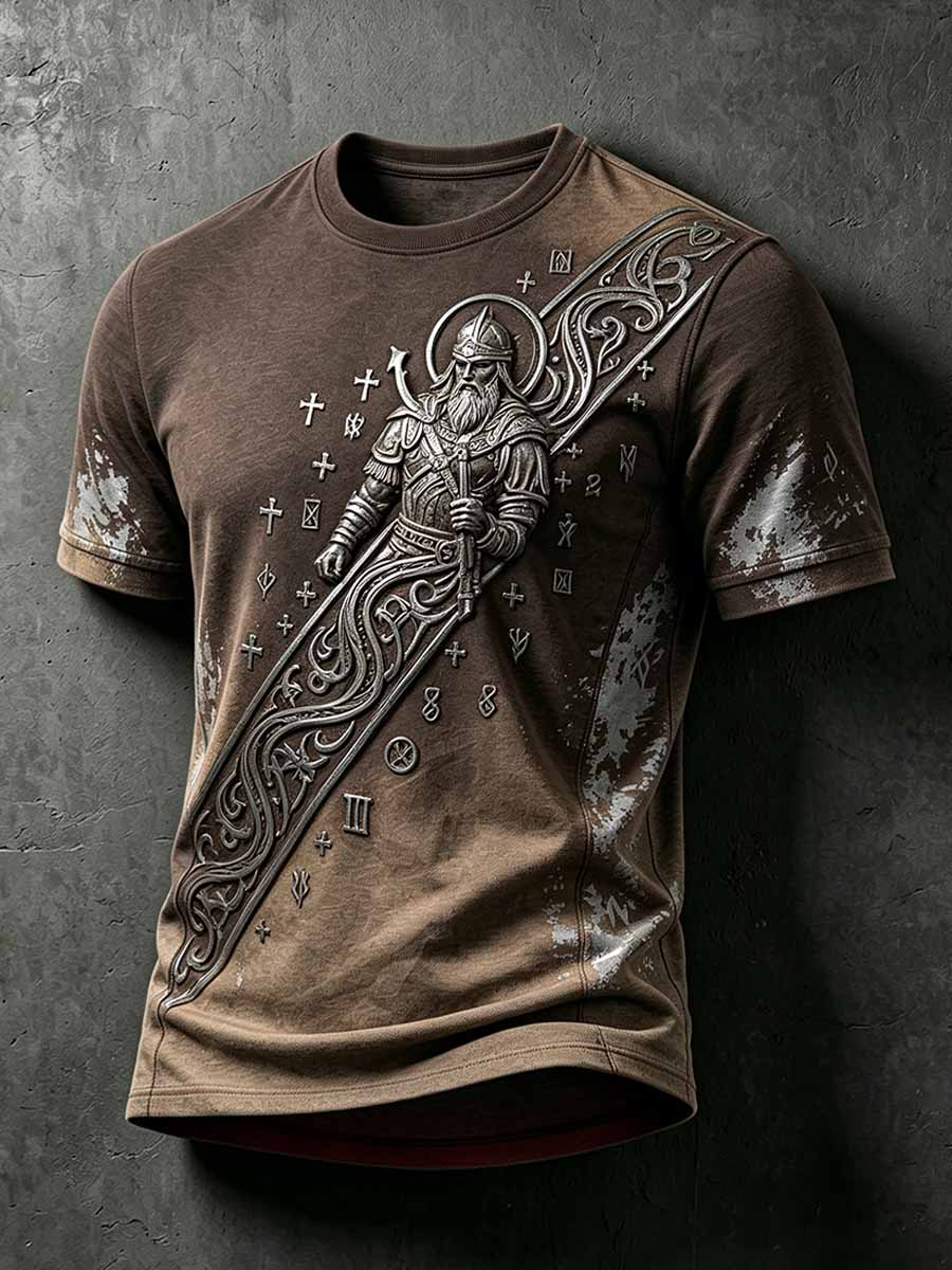 Herren-Vintage-T-Shirt mit Wikingerkrieger-Print