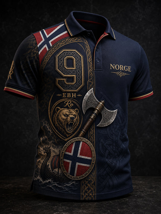 Herren-Poloshirt mit norwegischem Wikinger-Motiv im patriotischen Stil als Kunstdruck