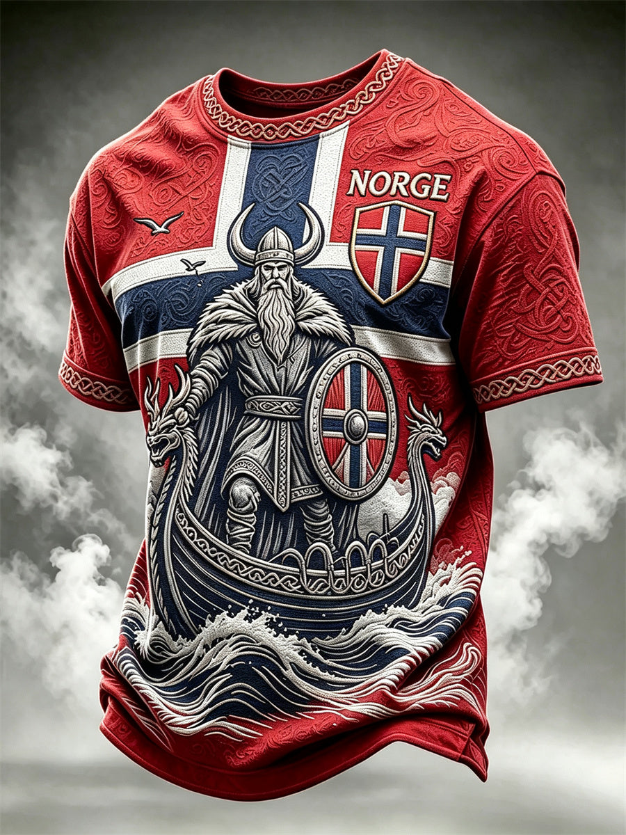Herren Norwegen Wikinger Krieger & Schiff Keltische Knoten Flagge Druck kurze Ärmel T-Shirt