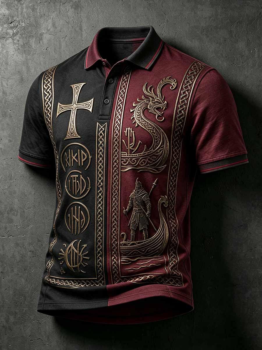 Herren-Poloshirt im Vintage-Stil mit Wikinger-Krieger-Print