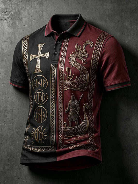Herren-Poloshirt im Vintage-Stil mit Wikinger-Krieger-Print