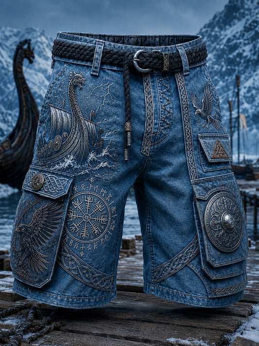 Lässige Cargohose im Vintage-Stil mit Wikinger-/Nordischer-Kunst-Print