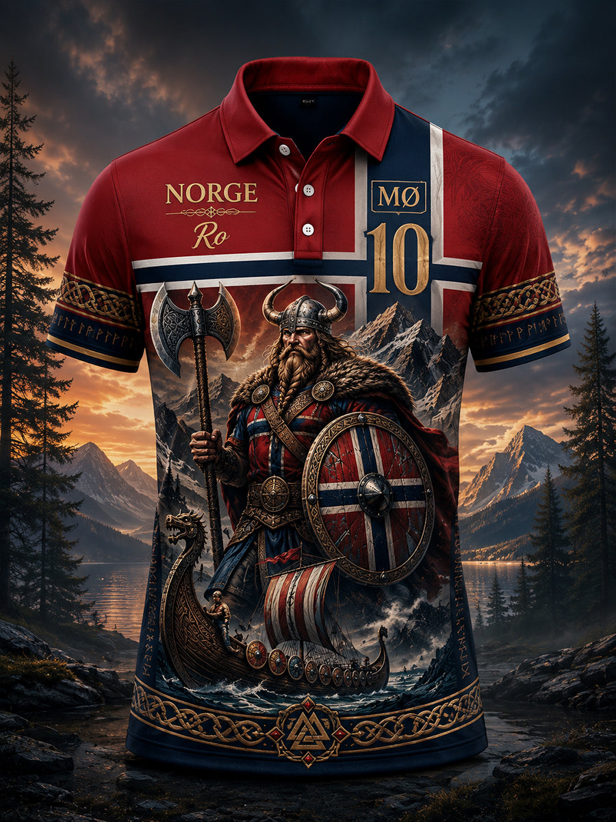 Herren-Poloshirt mit norwegischem Wikinger-Motiv im patriotischen Stil als Kunstdruck