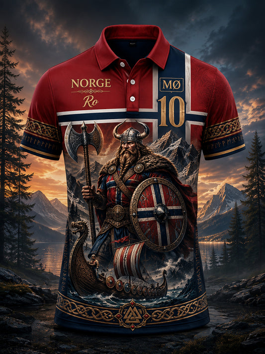 Herren-Poloshirt mit norwegischem Wikinger-Motiv im patriotischen Stil als Kunstdruck