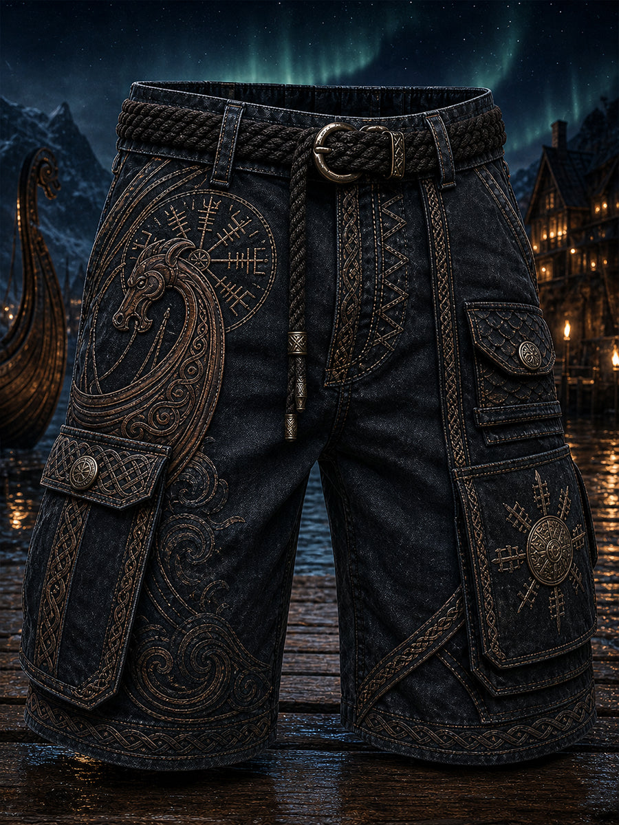 Lässige Cargohose im Vintage-Stil mit Wikinger-/Nordischer-Kunst-Print