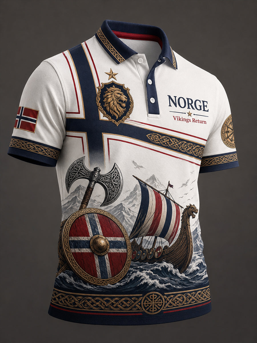 Herren-Poloshirt mit norwegischem Wikinger-Motiv im patriotischen Stil als Kunstdruck
