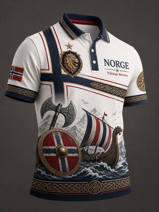 Herren-Poloshirt mit norwegischem Wikinger-Motiv im patriotischen Stil als Kunstdruck