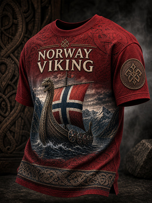Lässiges T-Shirt im Vintage-Stil mit nordischer Wikinger-Kunst-Print