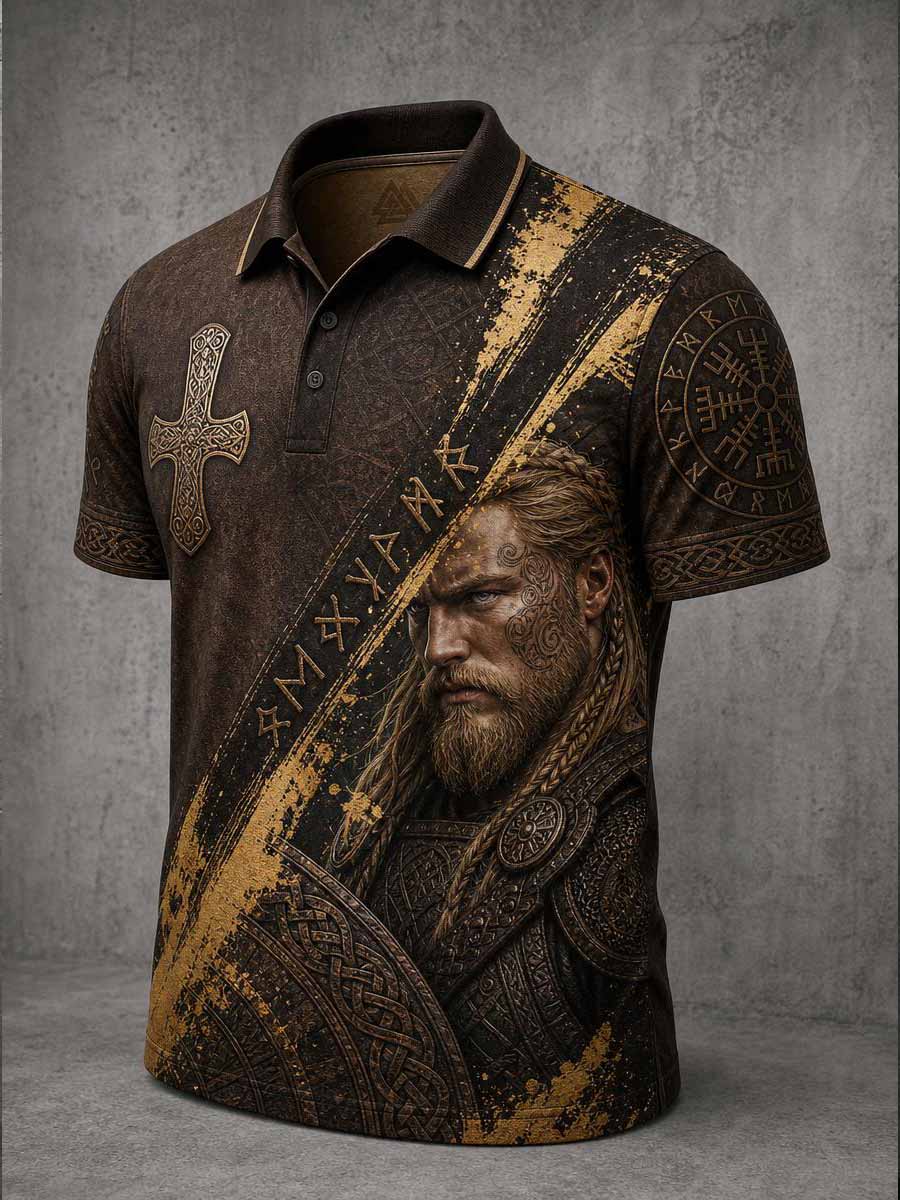 Herren-Poloshirt im Vintage-Stil mit Wikinger-Krieger-Print