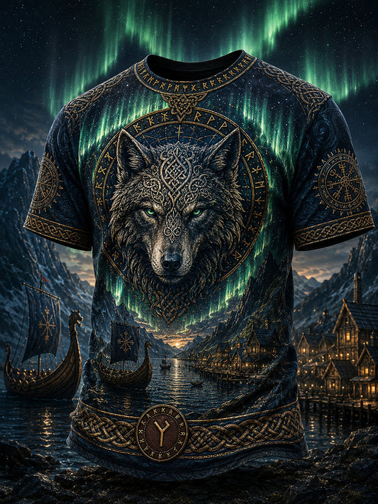 Lässiges T-Shirt im Vintage-Stil mit Wikinger-/Nordik-Art-Print