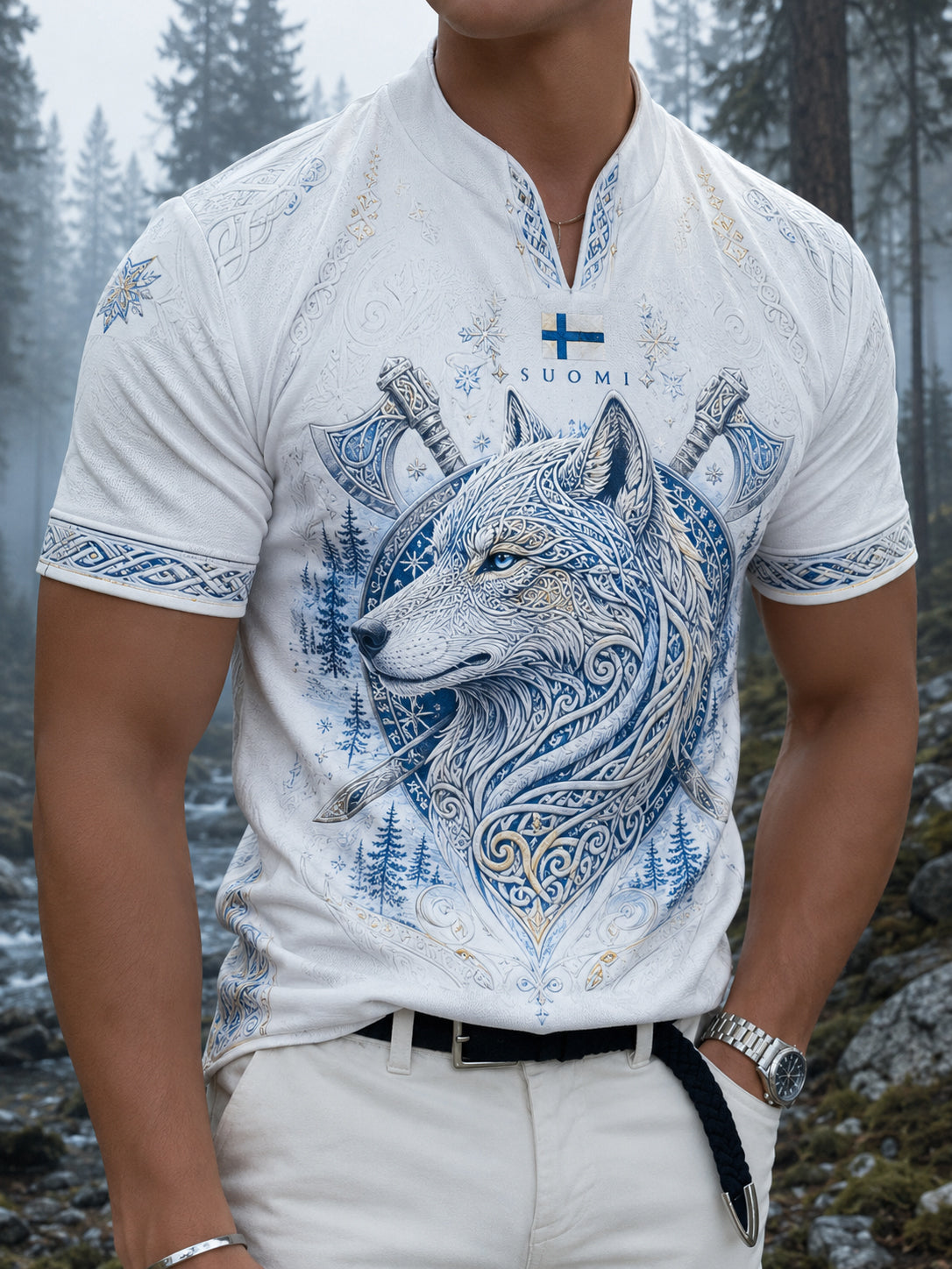 Herren-Finnisches Wikinger-Patriotisches Kunst-Druck-T-Shirt