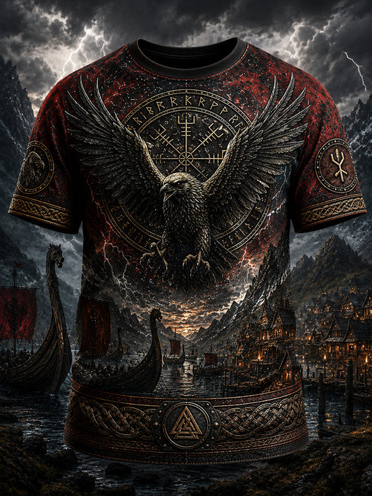 Lässiges T-Shirt im Vintage-Stil mit Wikinger-/Nordik-Art-Print