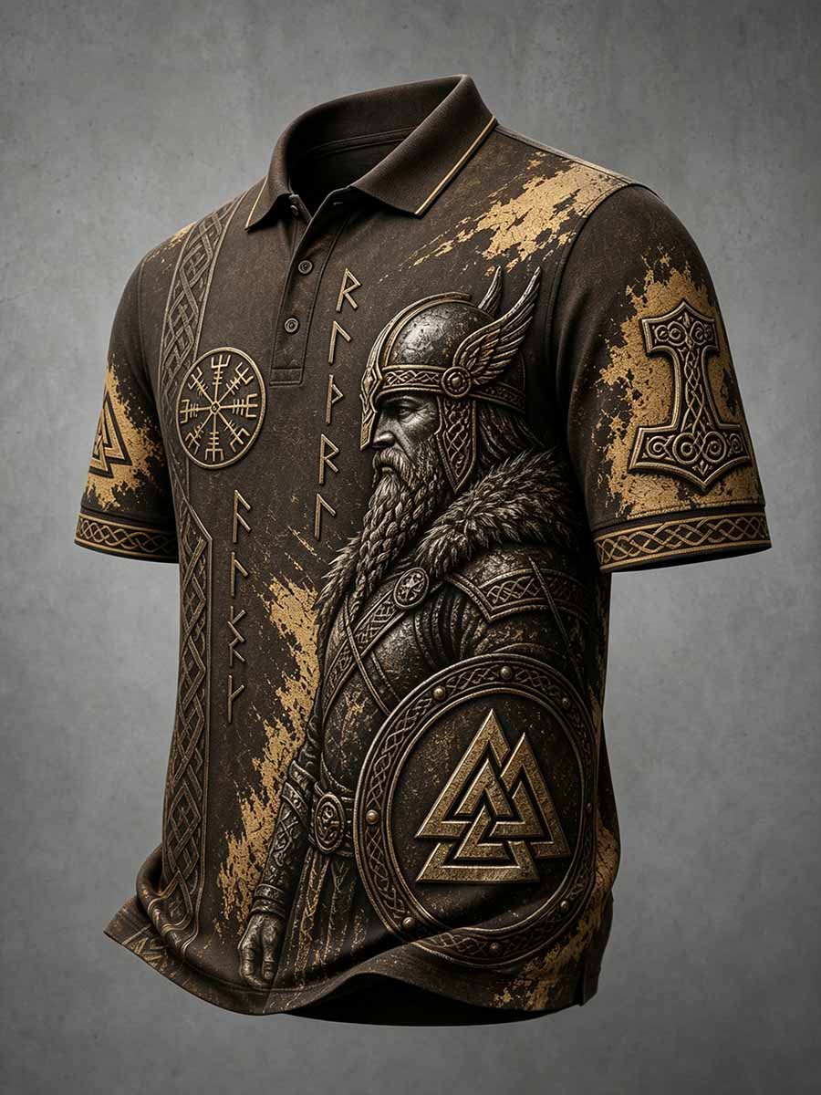 Herren-Poloshirt im Vintage-Stil mit Wikinger-Krieger-Print