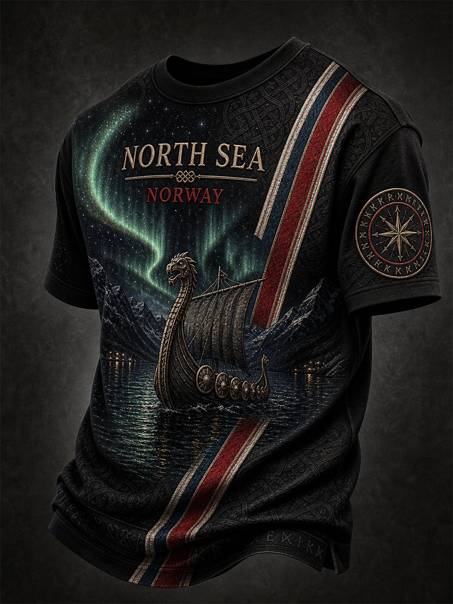 Lässiges T-Shirt im Vintage-Stil mit nordischer Wikinger-Kunst-Print