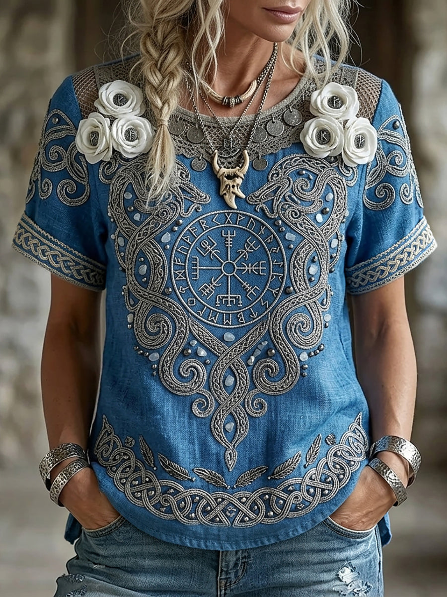 Damen-Kurzarm-T-Shirt mit edel geschnittener Wikinger kompass Vegvisir Blumen druck Leinen