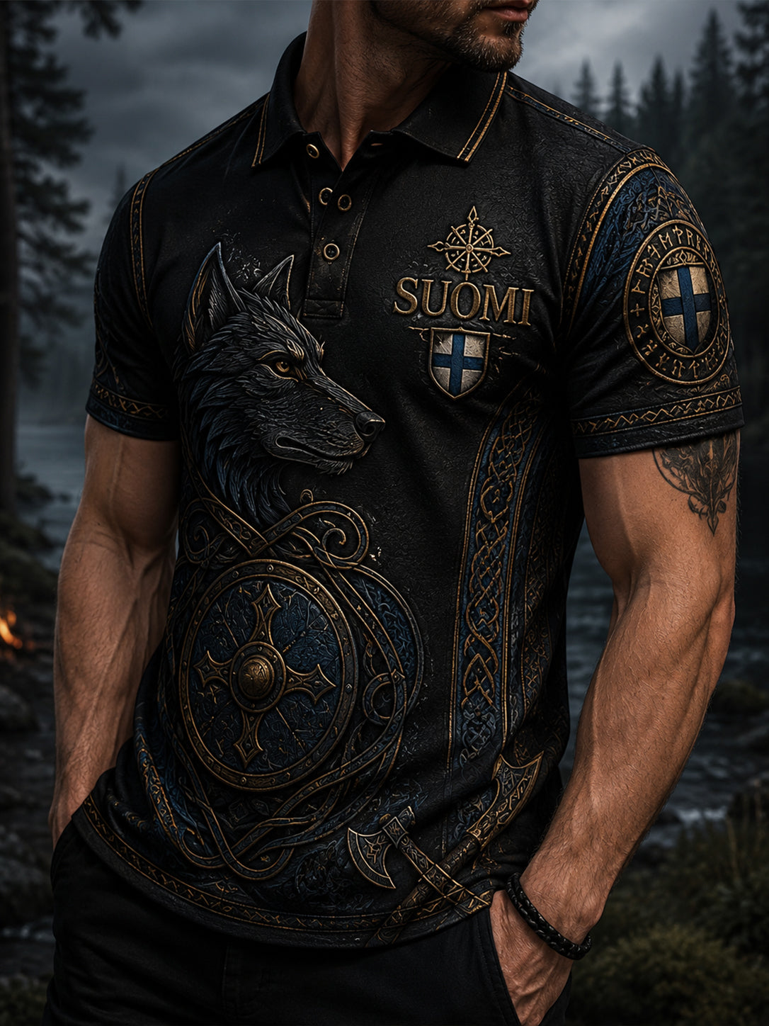 Herren-Finnischer Wikinger-Patriotischer Kunstdruck-Polo