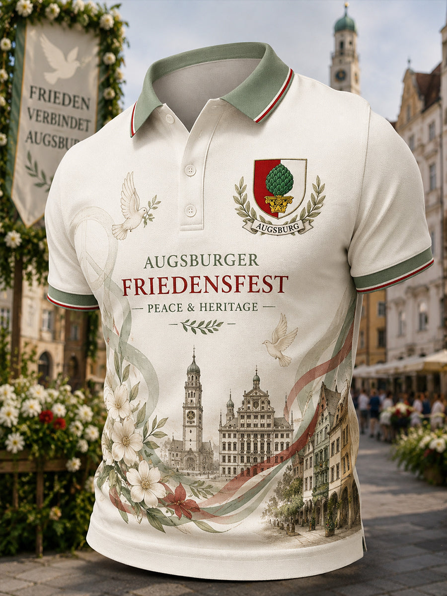 Herren-Poloshirt mit grafischem Motiv zur Feier des Friedensfestes, kurzärmelig
