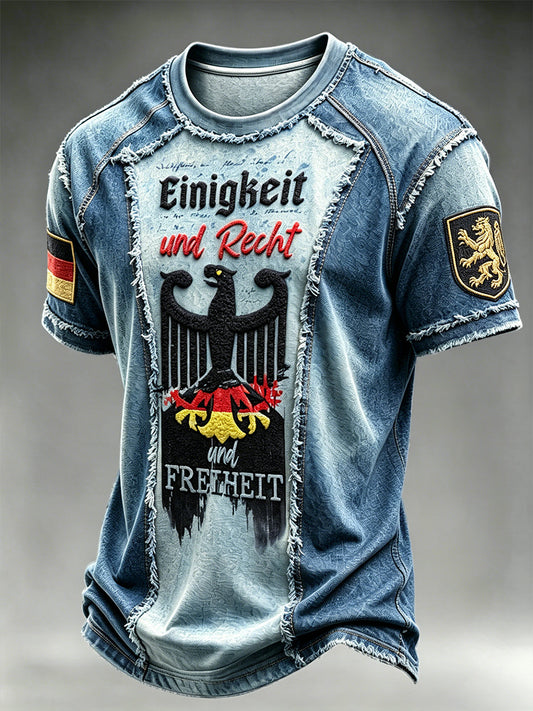 Herren-T-Shirt mit deutscher Flagge, schwarzer Adler, Jeans-Patchwork-Print, lässig