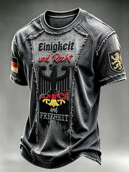 Herren-T-Shirt mit deutscher Flagge, schwarzer Adler, Jeans-Patchwork-Print, lässig