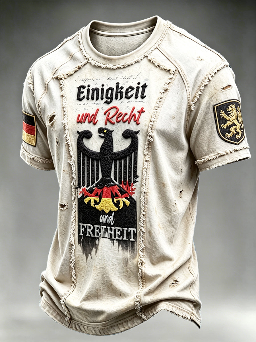Herren-T-Shirt mit deutscher Flagge, schwarzer Adler, Jeans-Patchwork-Print, lässig